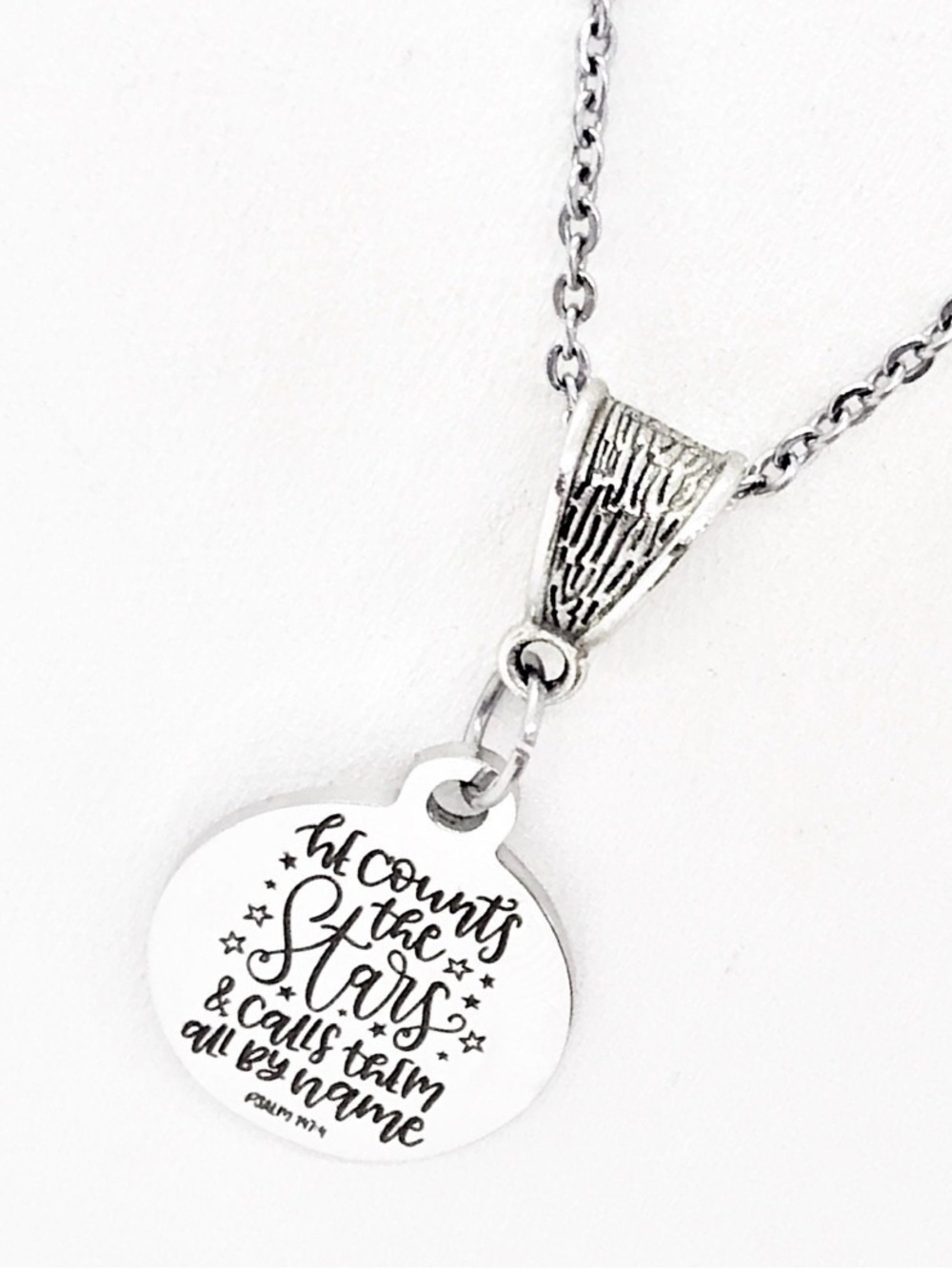 Inspirational 'He Counts the Stars' Silver Pendant Necklace